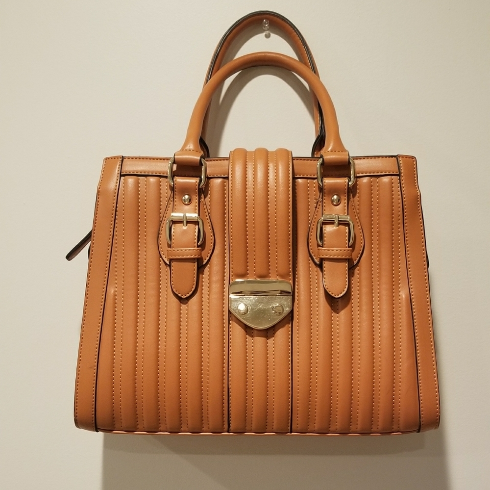 Classic Tan handbag with quilted pattern and gold accents